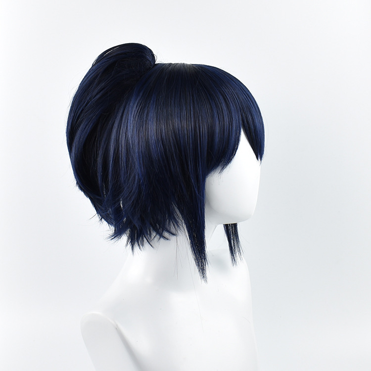A high-quality black and blue short wig with cap, ideal for cosplay enthusiasts