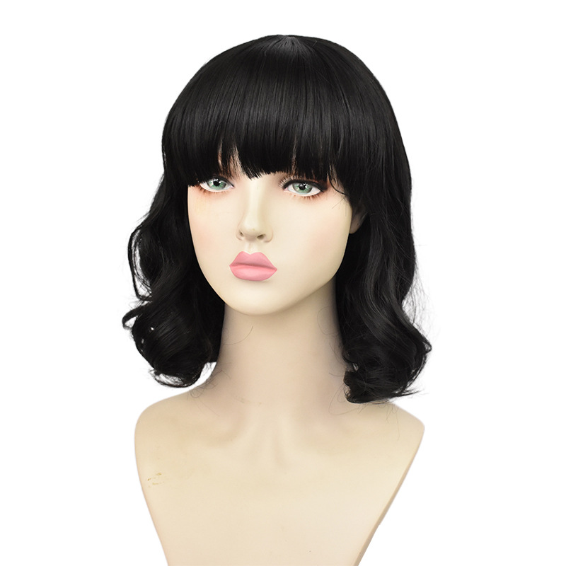 A black curly wig designed for cosplay shows, made from heat-resistant synthetic hair