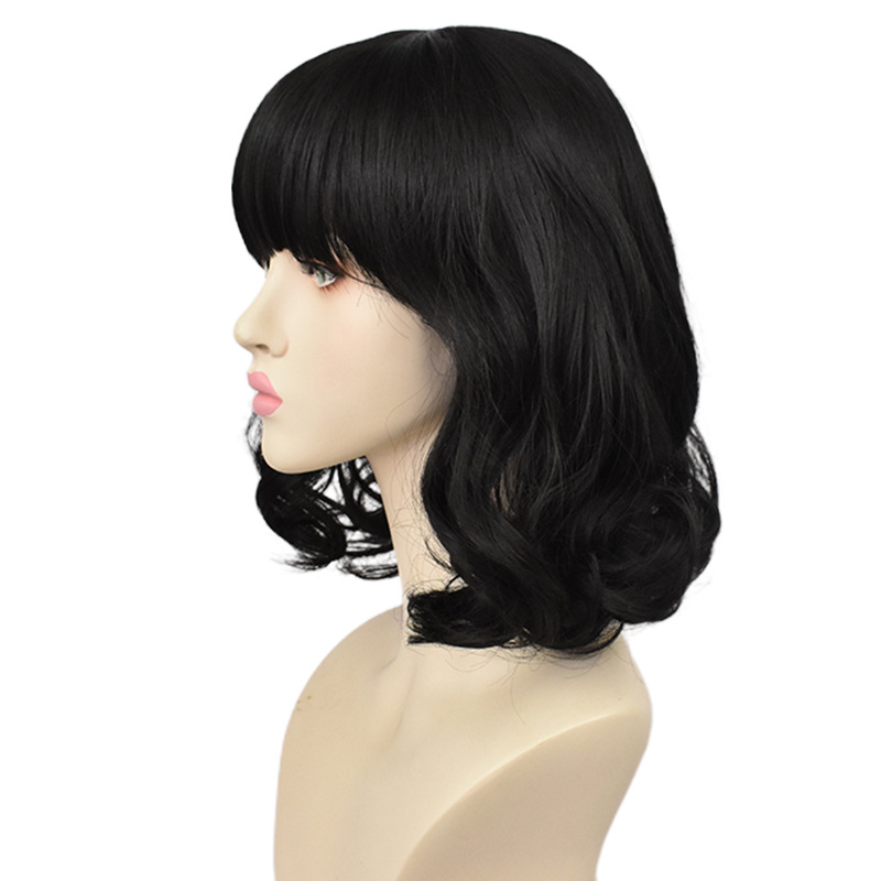 An image of a black curly wig, heat-resistant and perfect for cosplay shows and events