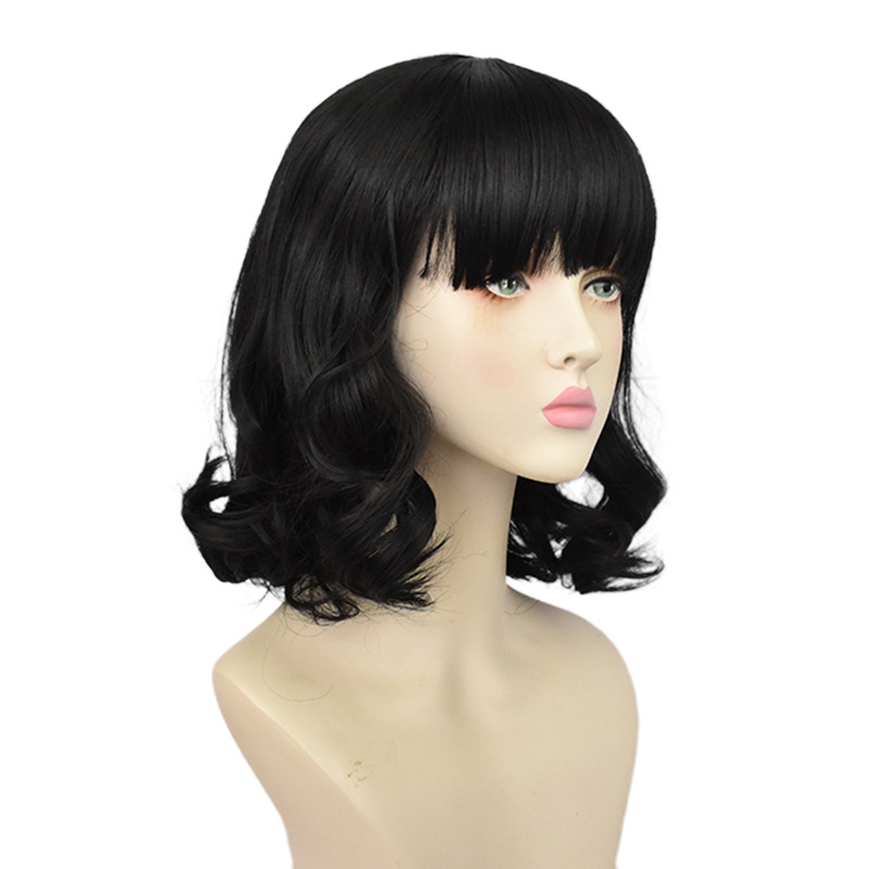 A synthetic black curly wig, heat-resistant and ideal for cosplay performances