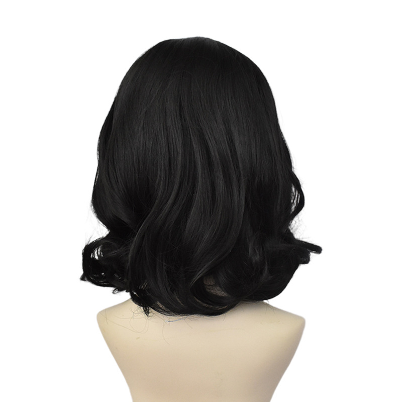 A curly black wig made from synthetic hair, designed for cosplay shows and performances