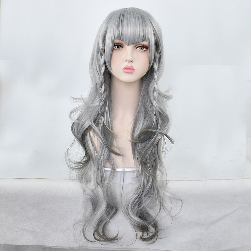 Long straight hair cosplay wig in gray and white with bangs, perfect for elegant costume looks