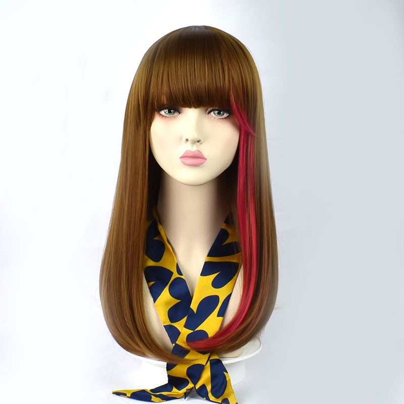 Achieve dramatic anime glamour with this brown highlight red long wig, featuring a cap for the perfect blend of style and character authenticity