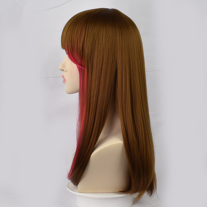 Elevate your cosplay with couture red highlights on this long brown wig, paired seamlessly with a cap for an enchanting and stylish anime appeal