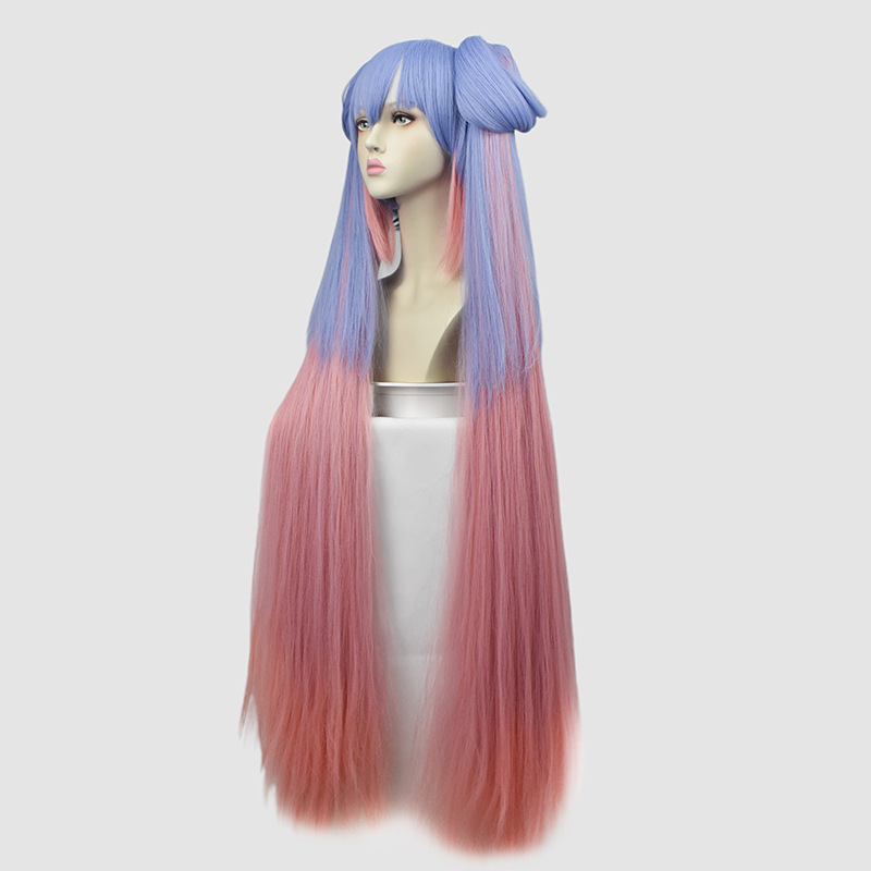 Anime cosplay wig, 110 cm long, styled with straight hair, bangs, and colored in purple and pink hues