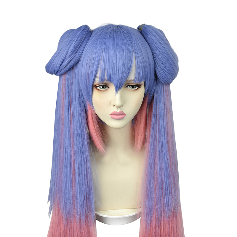 Long straight hair cosplay wig with bangs, 110 cm in length, featuring purple and pink colors, perfect for anime characters