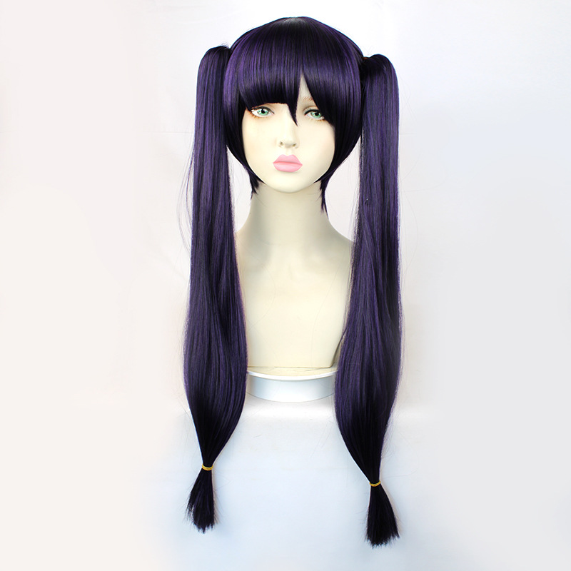 A vibrant anime cosplay wig featuring long, black and purple hair with a cap, perfect for cosplay and costume events