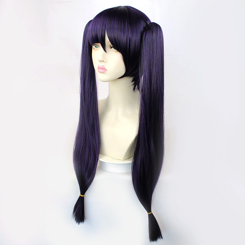 A long, black and purple cosplay wig designed for anime fans, complete with a cap for comfortable wear during events
