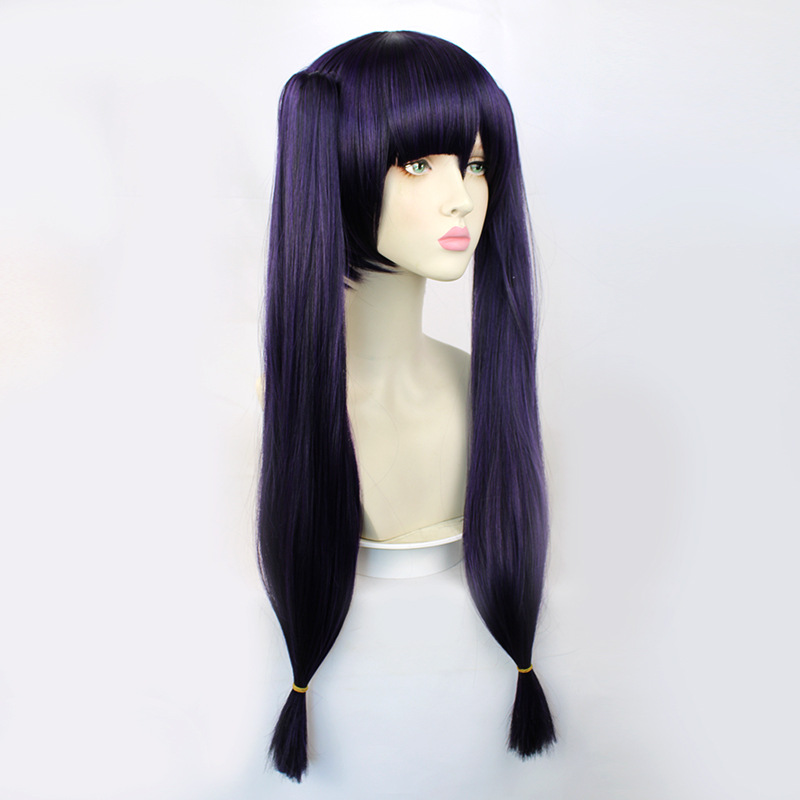 A cosplay wig for anime enthusiasts, showcasing long, black and purple hair with a cap for easy and comfortable wear