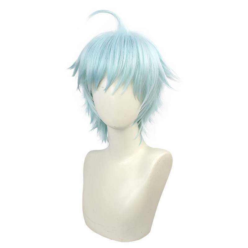 Men's short aqua blue wig with cap, styled for anime characters