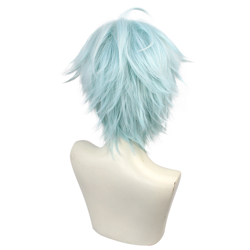 Men's cosplay wig in bright aqua blue, styled for anime characters