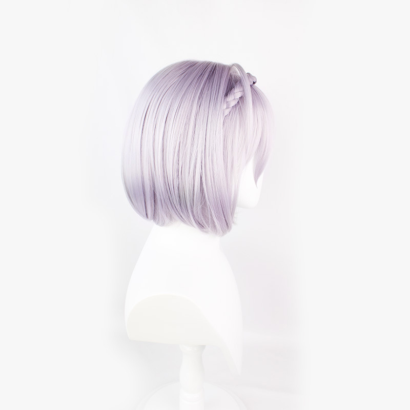 ndulge in the glamour of anime cosplay with this chic silver and purple wig. Short and stylish, it's a delightful choice for cosplayers seeking a perfect blend of comfort and allure