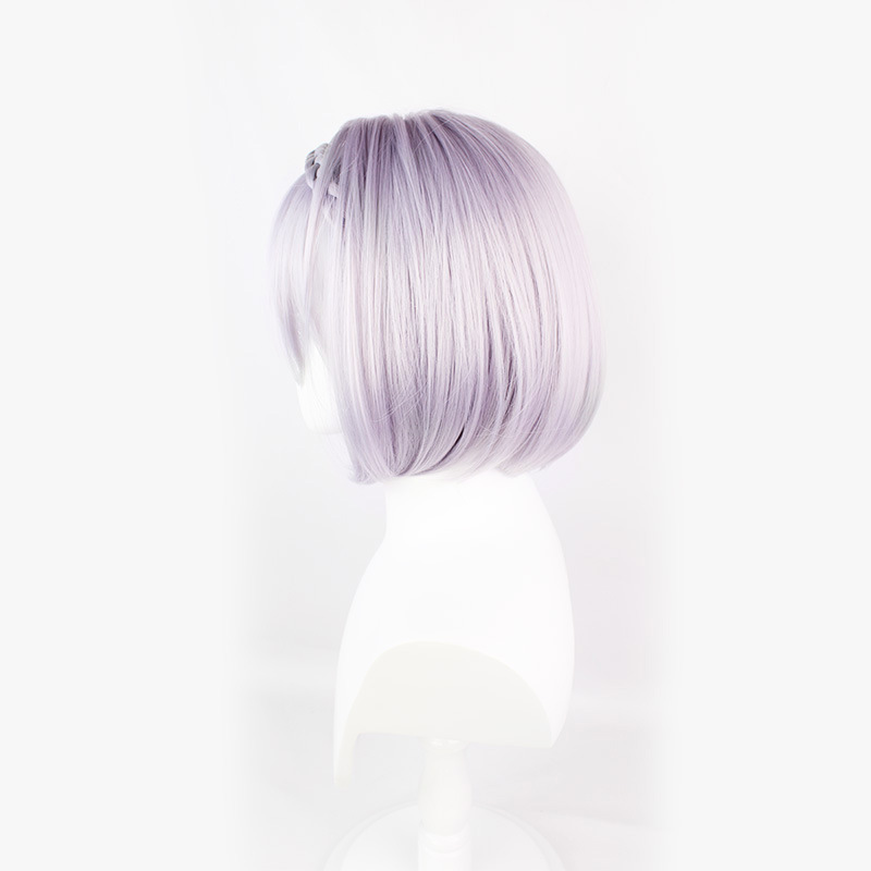 nfuse elegance into your anime cosplay with this silver purple short wig. The included cap adds an extra layer of sophistication, ensuring a comfortable and stylish transformation