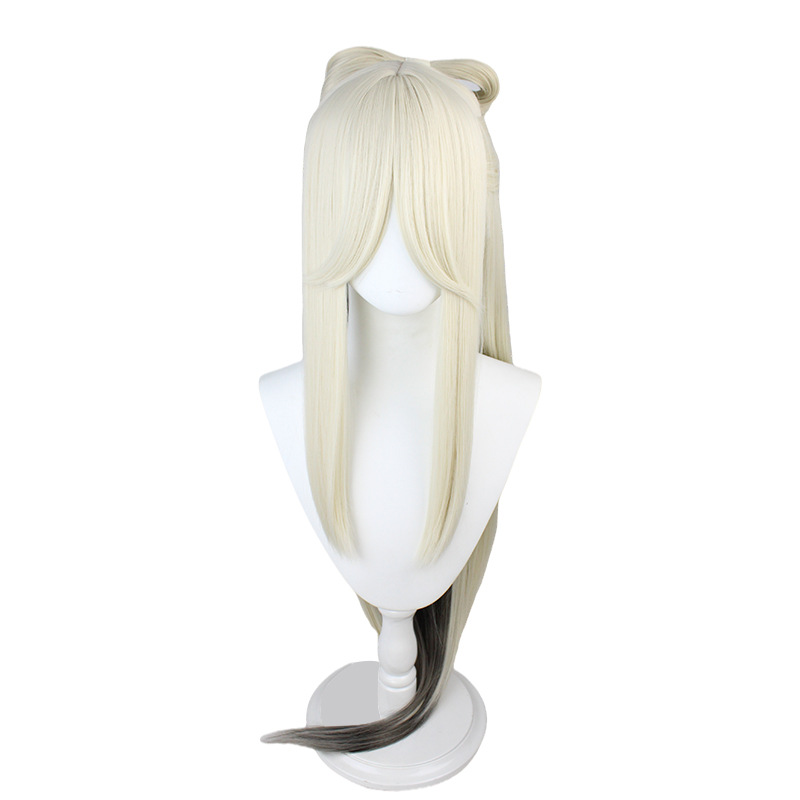 Capture elegance with this 100 cm long cosplay wig in white and brown hues. Perfect for cosplayers seeking a blend of sophistication and versatility in their character portrayals.