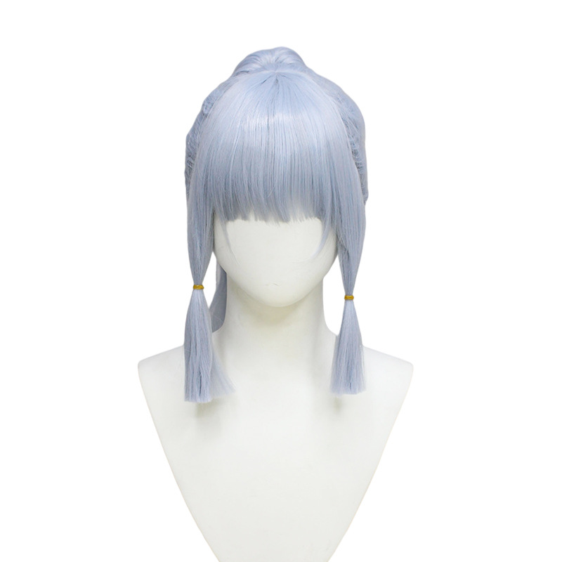 Long curly hair cosplay wig in silver with bangs, perfect for dramatic costume looks