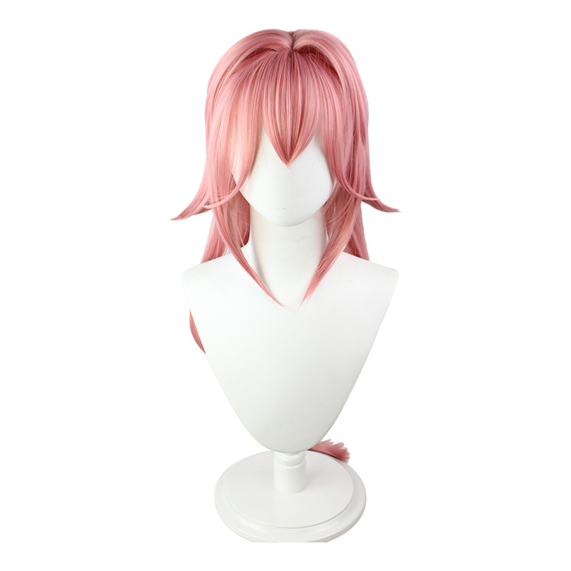 Long curly hair cosplay wig in pink, perfect for adding a playful touch to your costume ensemble