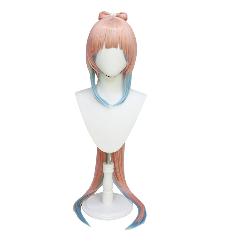 Long straight hair cosplay wig in pink and blue with bangs, includes wig cap