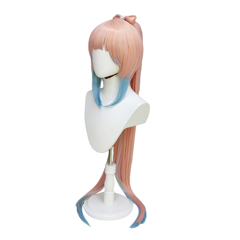 120cm long straight hair wig with bangs, featuring a blend of pink and blue colors