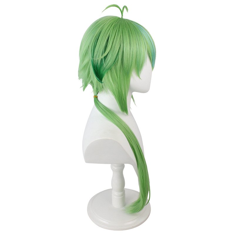 A wig with vibrant green hair, perfect for anime cosplay and character transformation