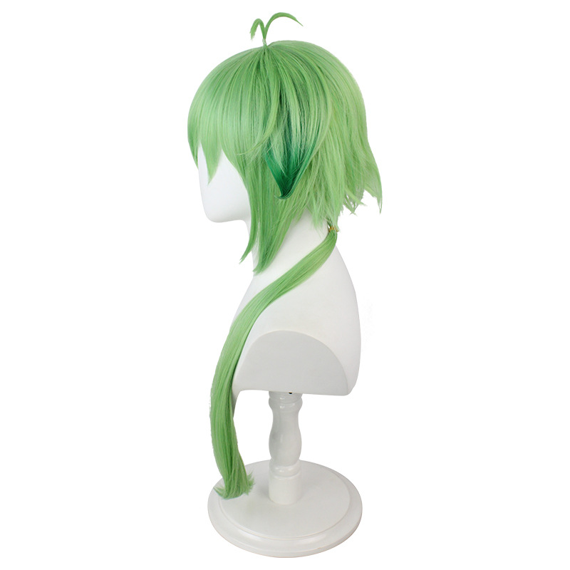 A cosplay wig featuring green anime hair in a vibrant color, ideal for costume play