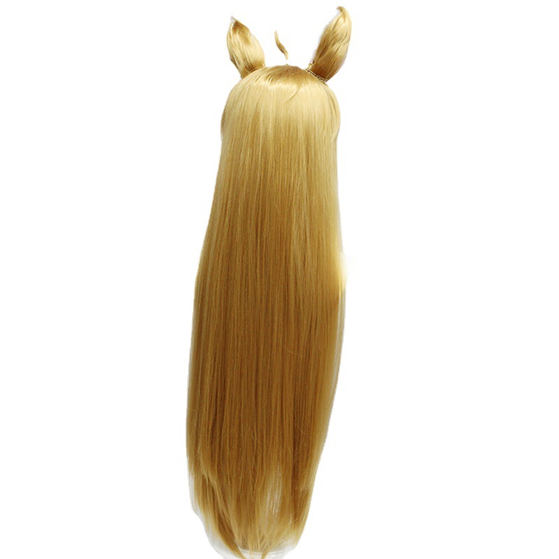 A cosplay wig featuring 100 cm of blonde synthetic hair and a cap, perfect for costume play and events