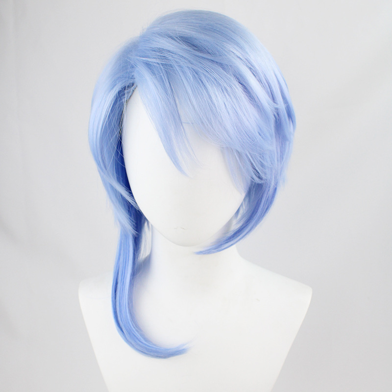 Fashion-forward light blue short wig, perfect for cosplay. Elevate your look with this trendy and comfortable accessory, ideal for various characters