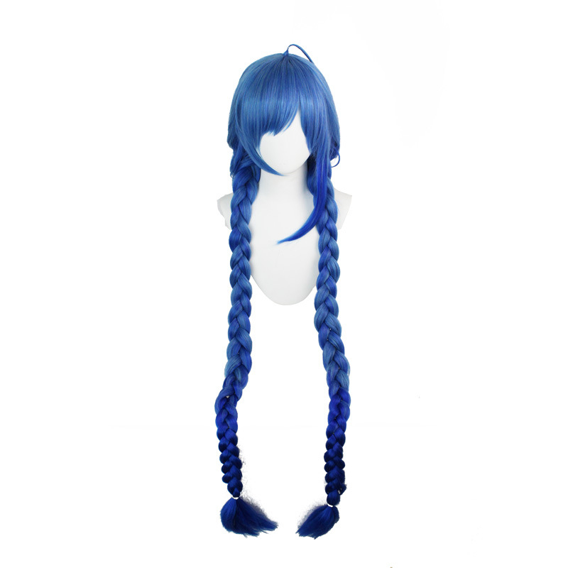 A long, synthetic wig in a striking shade of blue, ideal for cosplay events