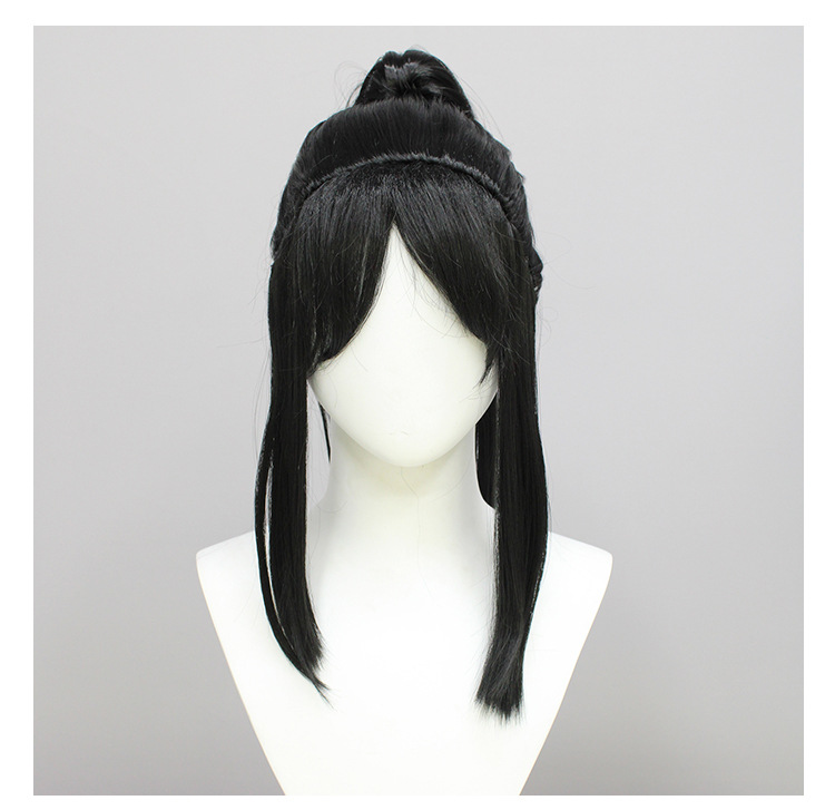Front view of a black, long, straight cosplay wig styled for various characters