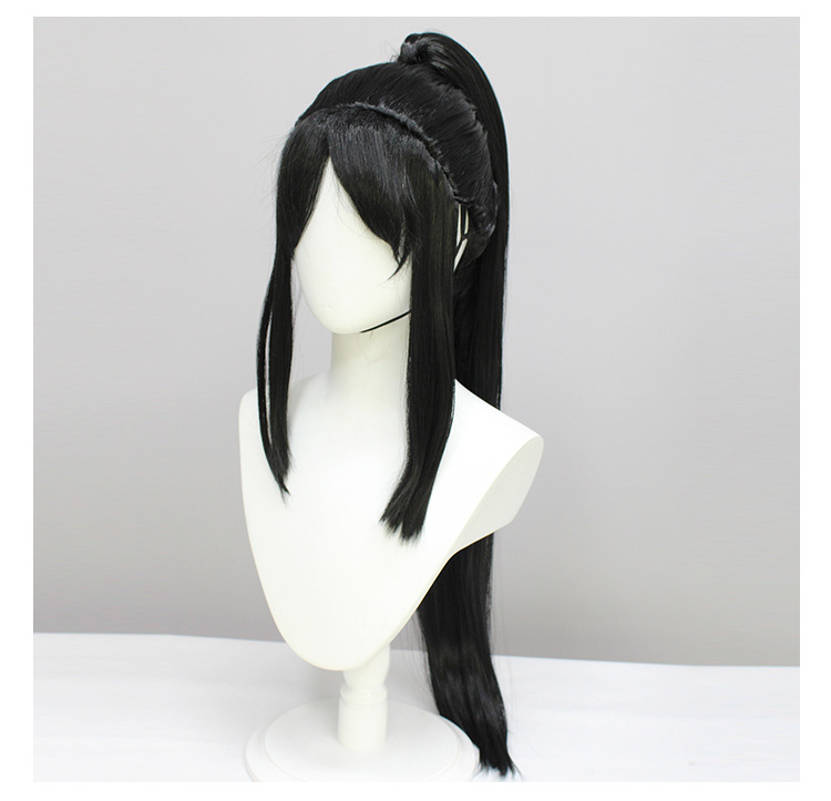 A versatile black cosplay wig with long, straight hair suitable for different costume styles