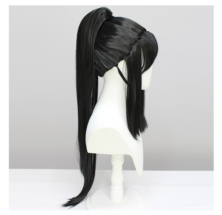 A fashionable cosplay wig with black, long, straight hair, ideal for cosplay events and parties"