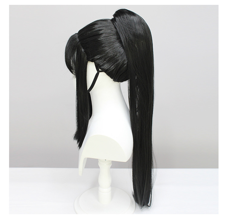 Stylish black long straight hair wig designed for cosplay, giving a trendy look