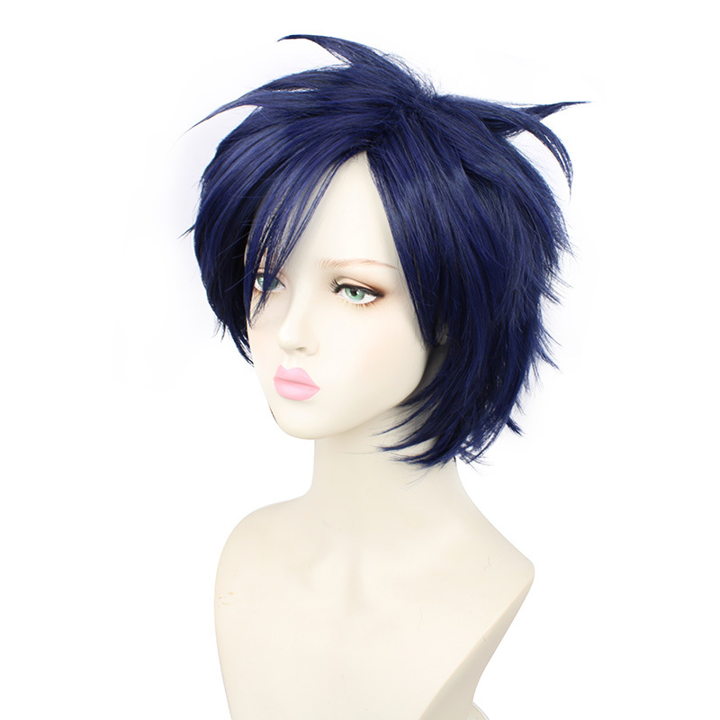 Short black and blue cosplay wig for men, ideal for anime costumes, includes cap