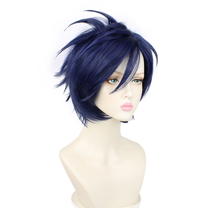 Short black and blue cosplay wig for men, includes cap, perfect for anime looks