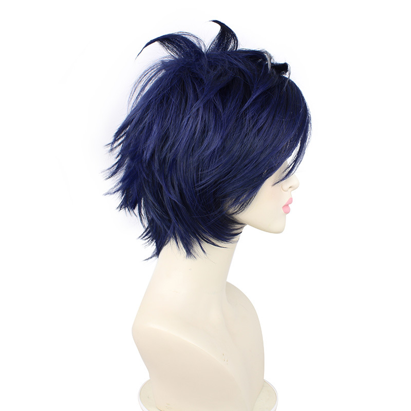 Men's cosplay wig in short black and blue style, includes cap for easy wear
