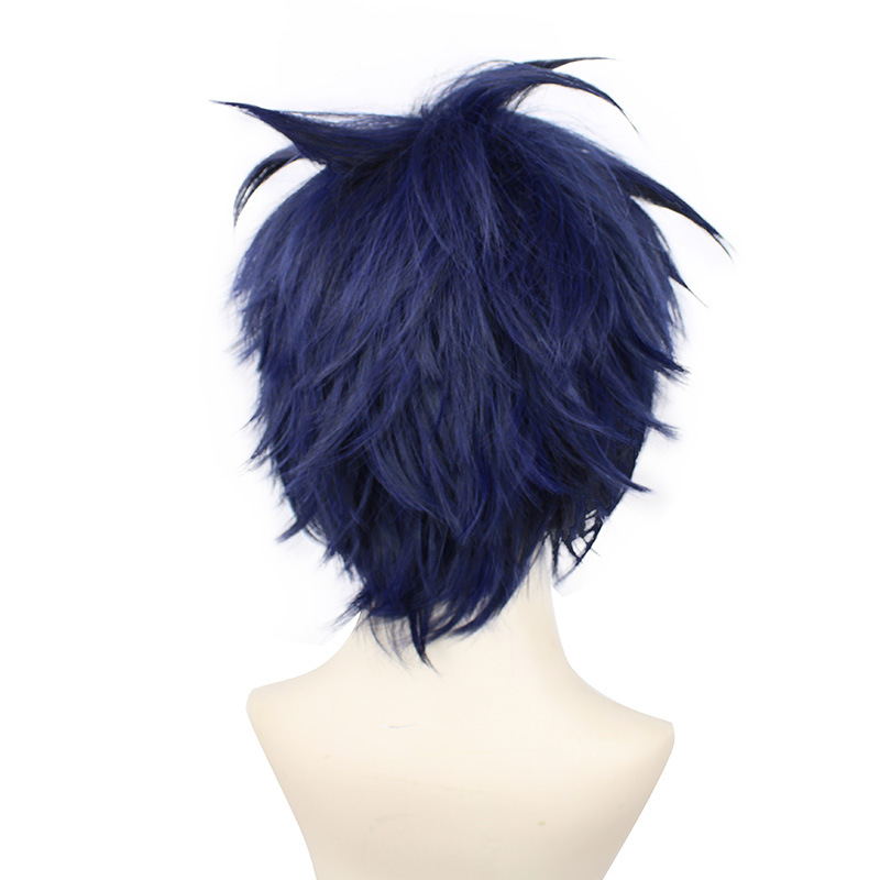 Short black and blue cosplay wig for men, perfect for anime costumes, includes cap