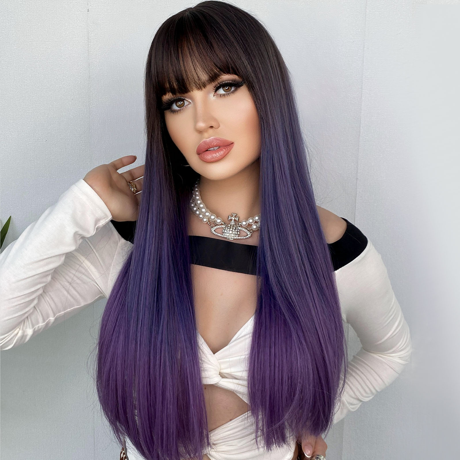 Synthetic wig by Yinraohair in Barbie brown purple color, featuring long straight hair with bangs, stylish full head set, ready to go