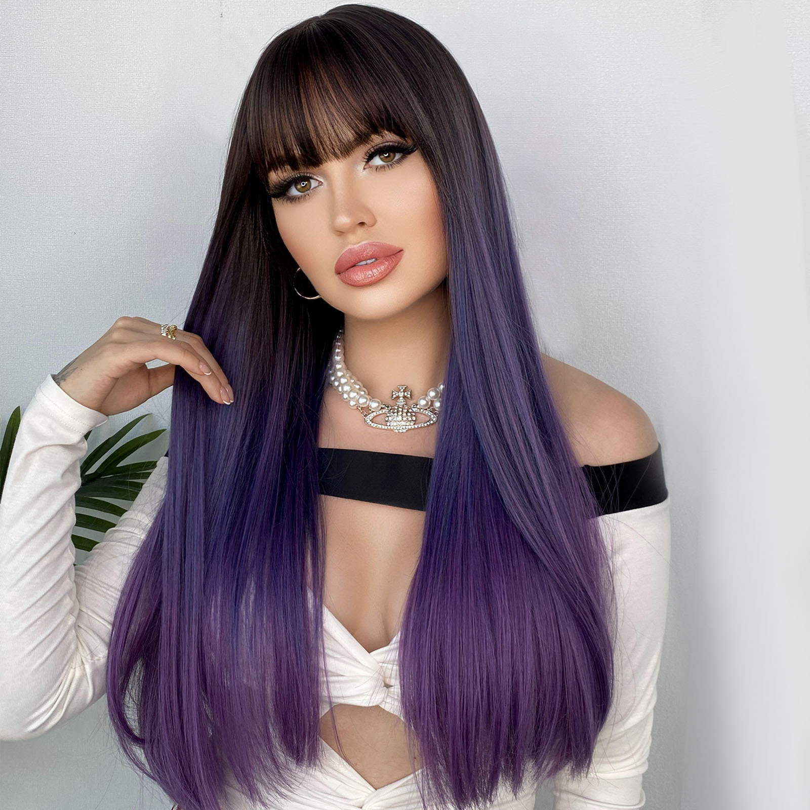 Yinraohair synthetic wig in stylish Barbie brown purple color, with long straight hair and bangs, ready to go