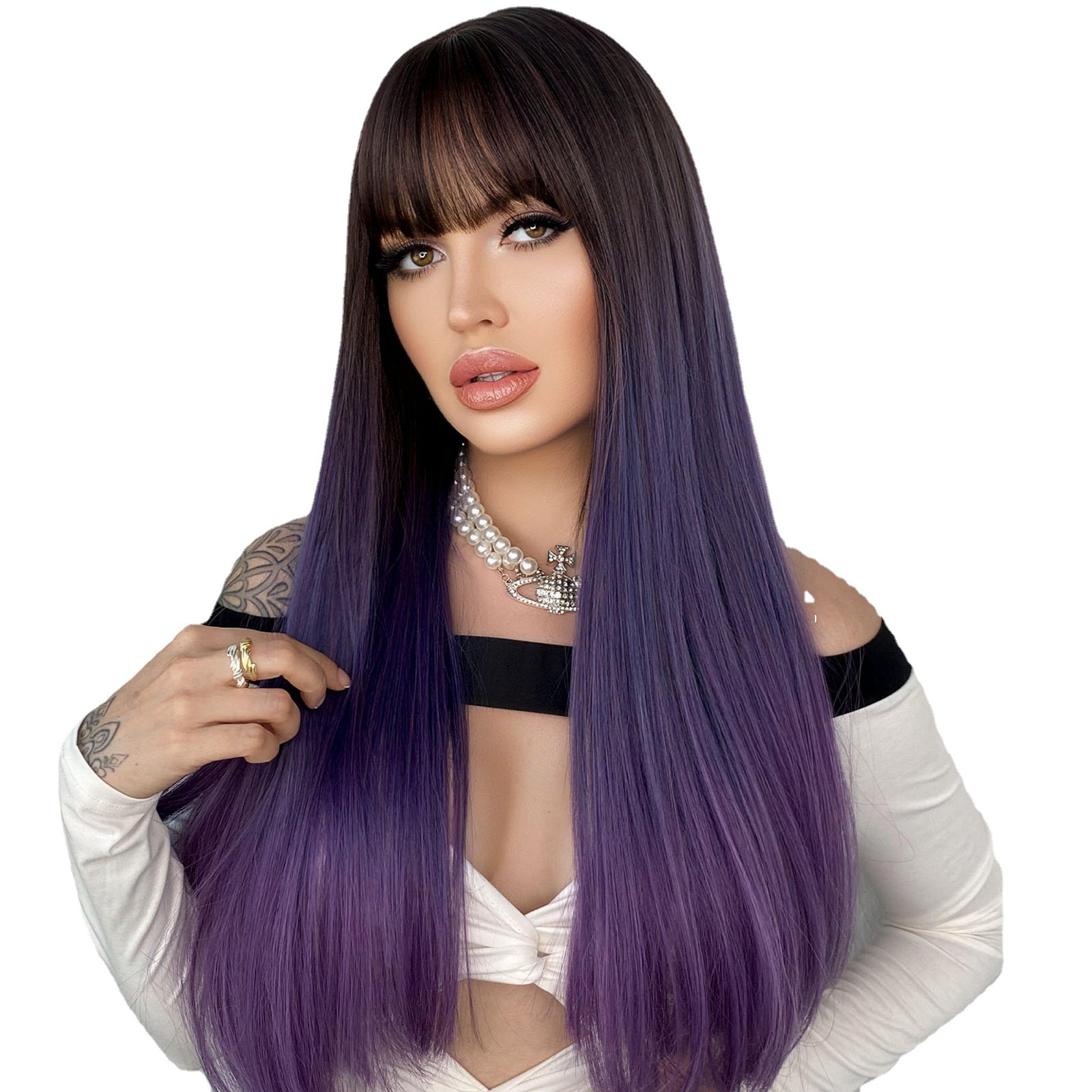 Ready-to-go synthetic wig by Yinraohair, featuring Barbie brown purple color, long straight hair with bangs, stylish full head set