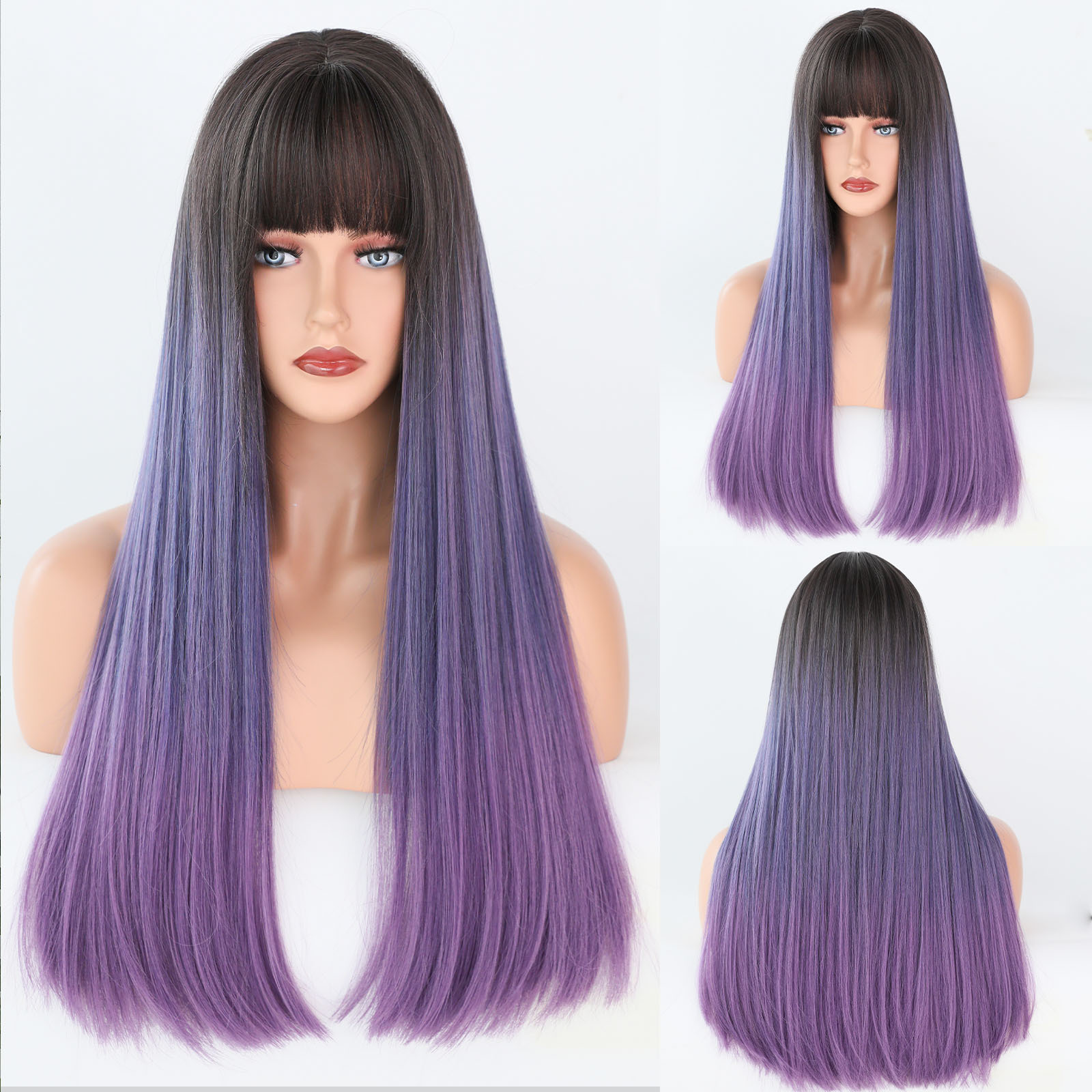 Fashionable synthetic wig from Yinraohair, in Barbie brown purple color, with long straight hair and bangs, ready to go