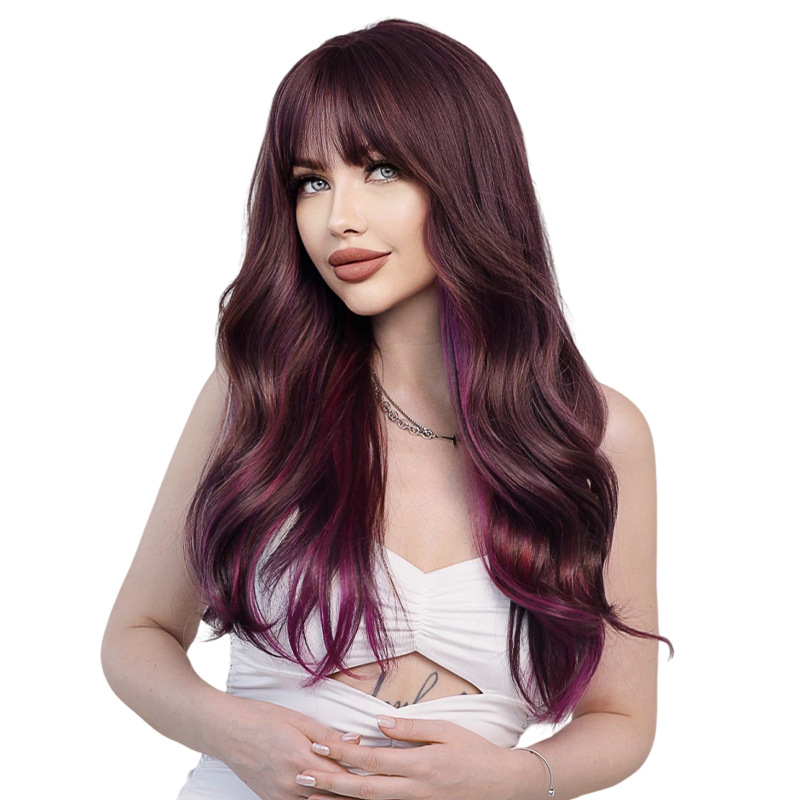 A synthetic wig with long wavy hair in purple brown color, featuring bangs and ready to go