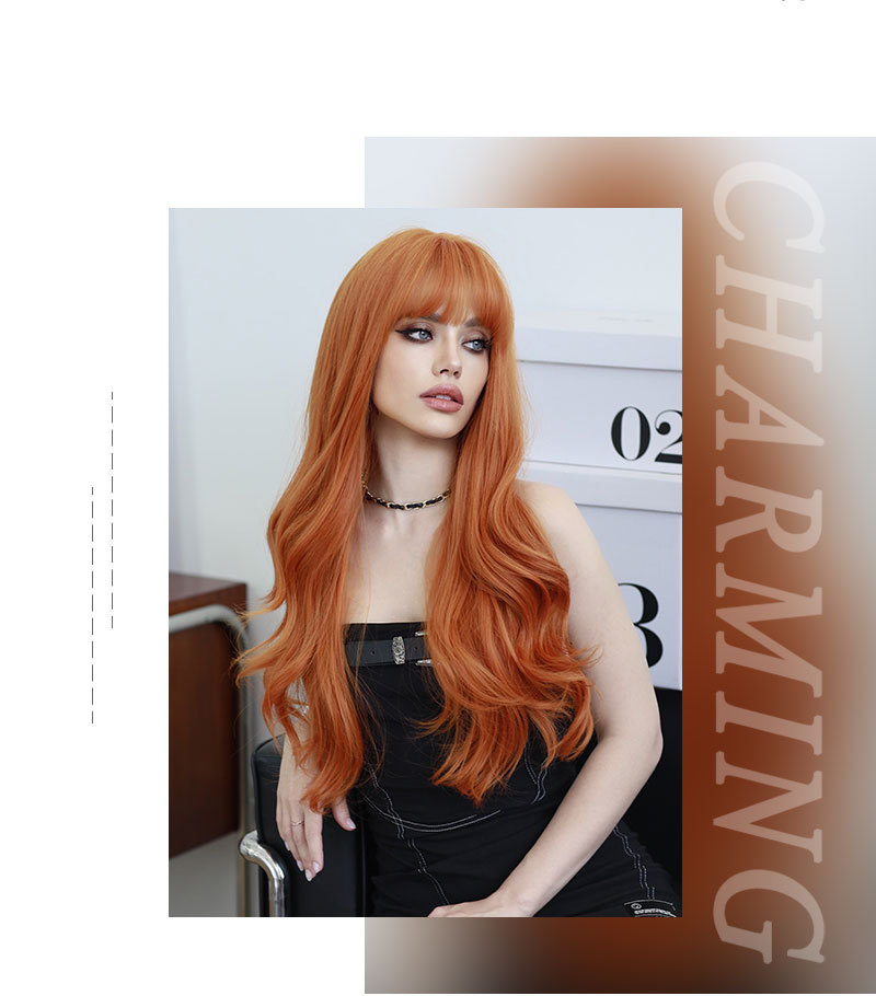 Stylish synthetic wig in purplish red with long wavy hair, puffy with air bangs, ready to wear.