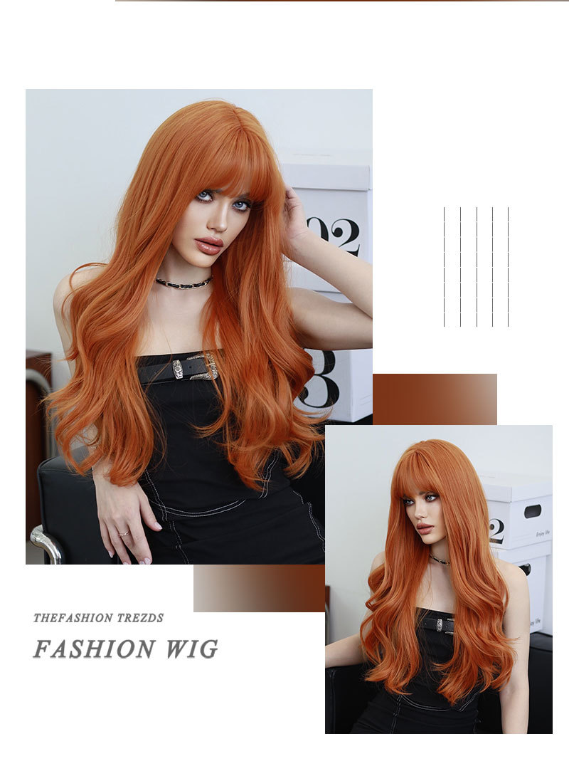 Image of a purplish red synthetic wig with long wavy hair, puffy with air bangs, fashionable and ready to go