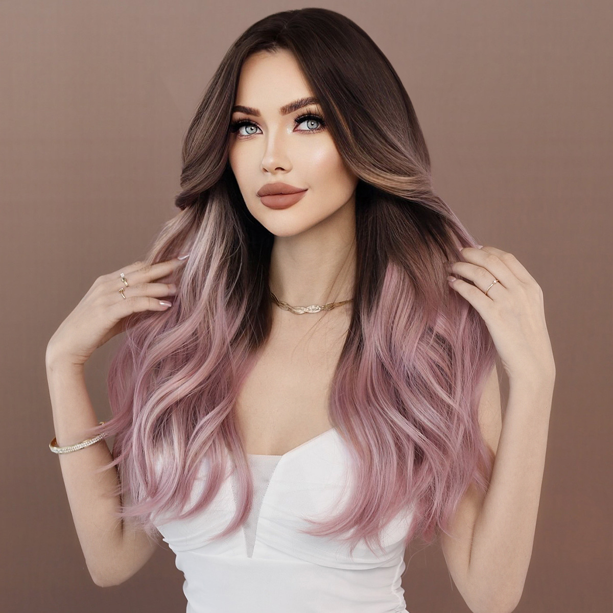 A light purple synthetic wig with long wavy hair, ready to go