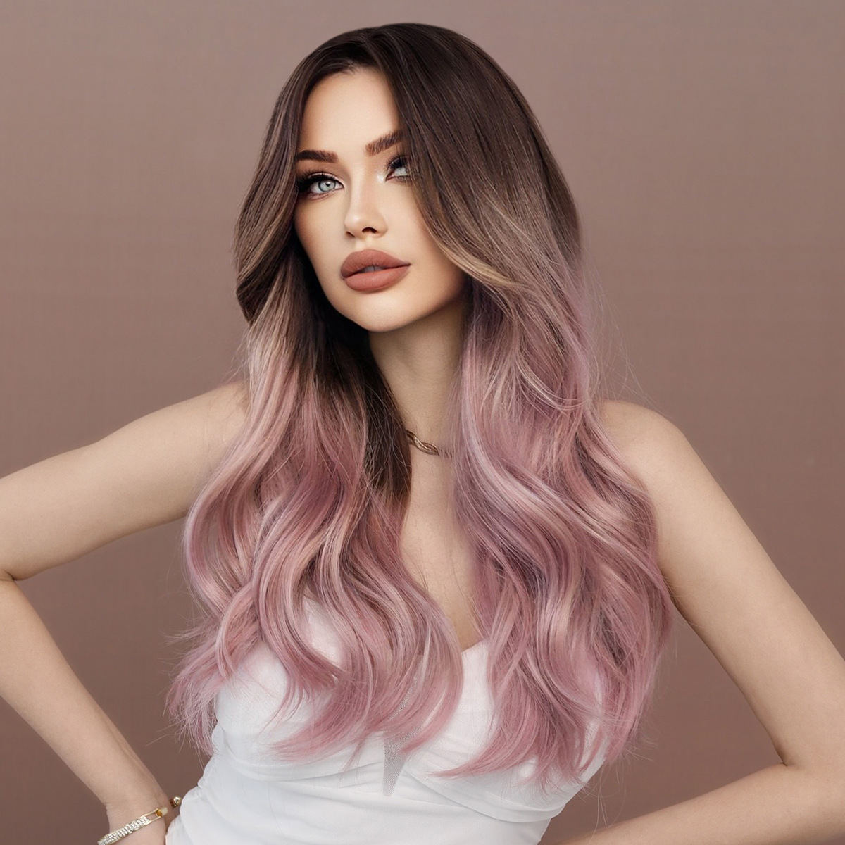 A synthetic wig in light purple with long wavy hair, perfect for on-the-go styling