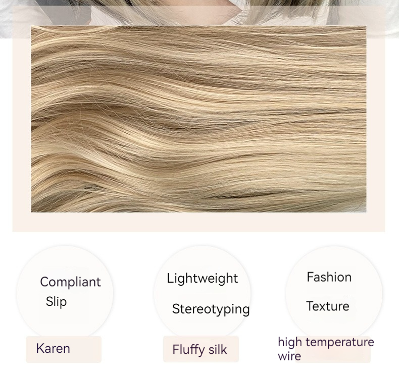 A fashionable synthetic wig in blonde with long curly hair, bangs, and highlighted dyed into large waves