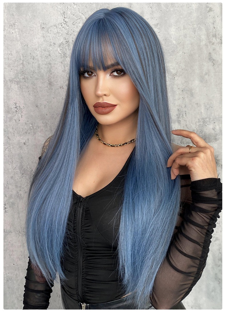 A 61cm synthetic wig featuring long straight hair with bangs, styled with mermaid blue highlights