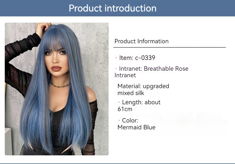 A synthetic wig featuring long straight hair with bangs, highlighted in mermaid blue, measuring 61cm in length