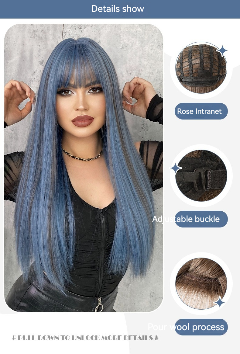 A stylish synthetic wig with long straight hair and bangs, highlighted in mermaid blue, 61cm in length