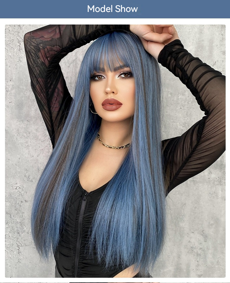 A synthetic wig in mermaid blue with long straight hair and bangs, measuring 61cm in length
