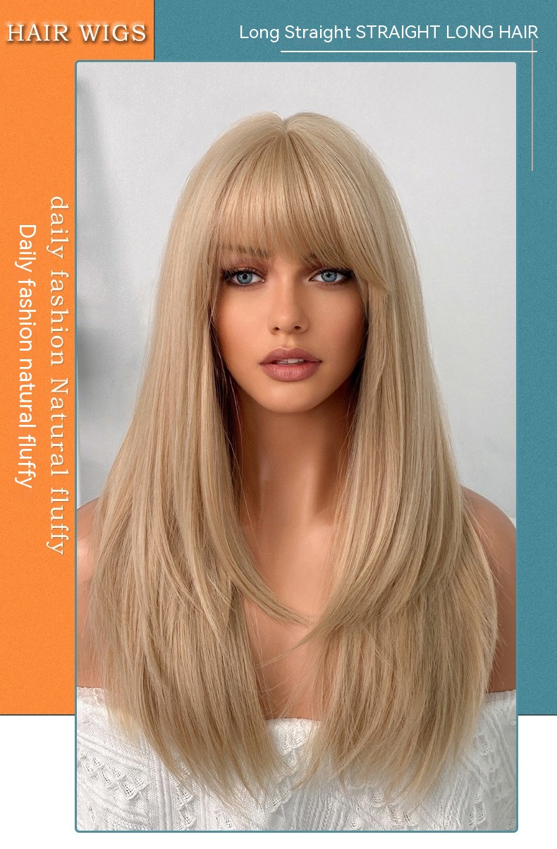 Synthetic wig in beige blonde featuring 60cm long straight hair with layered styling